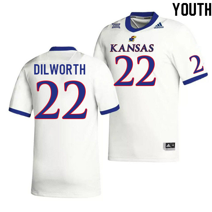 Youth #22 Brian Dilworth Kansas Jayhawks College Football Jerseys Stitched Sale-White - Click Image to Close